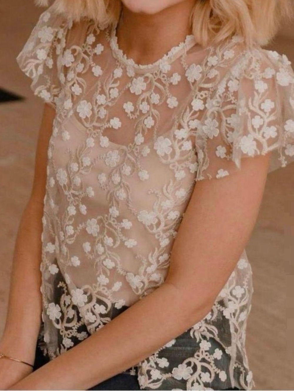 Altar'd State Sheer Floral Lace Cap-Sleeve Top in Cream